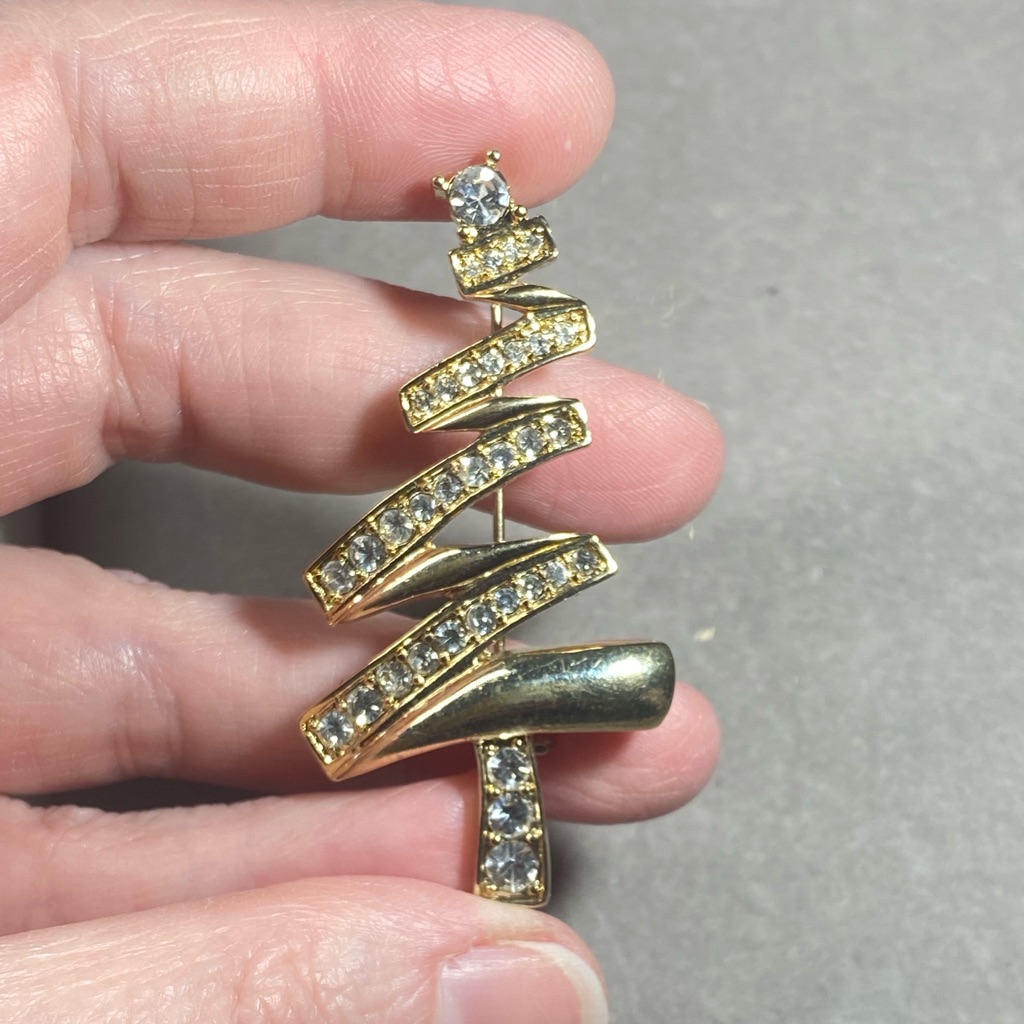 Vintage Monet Gold Christmas Tree Brooch Accented With Sparkling Rhinestones